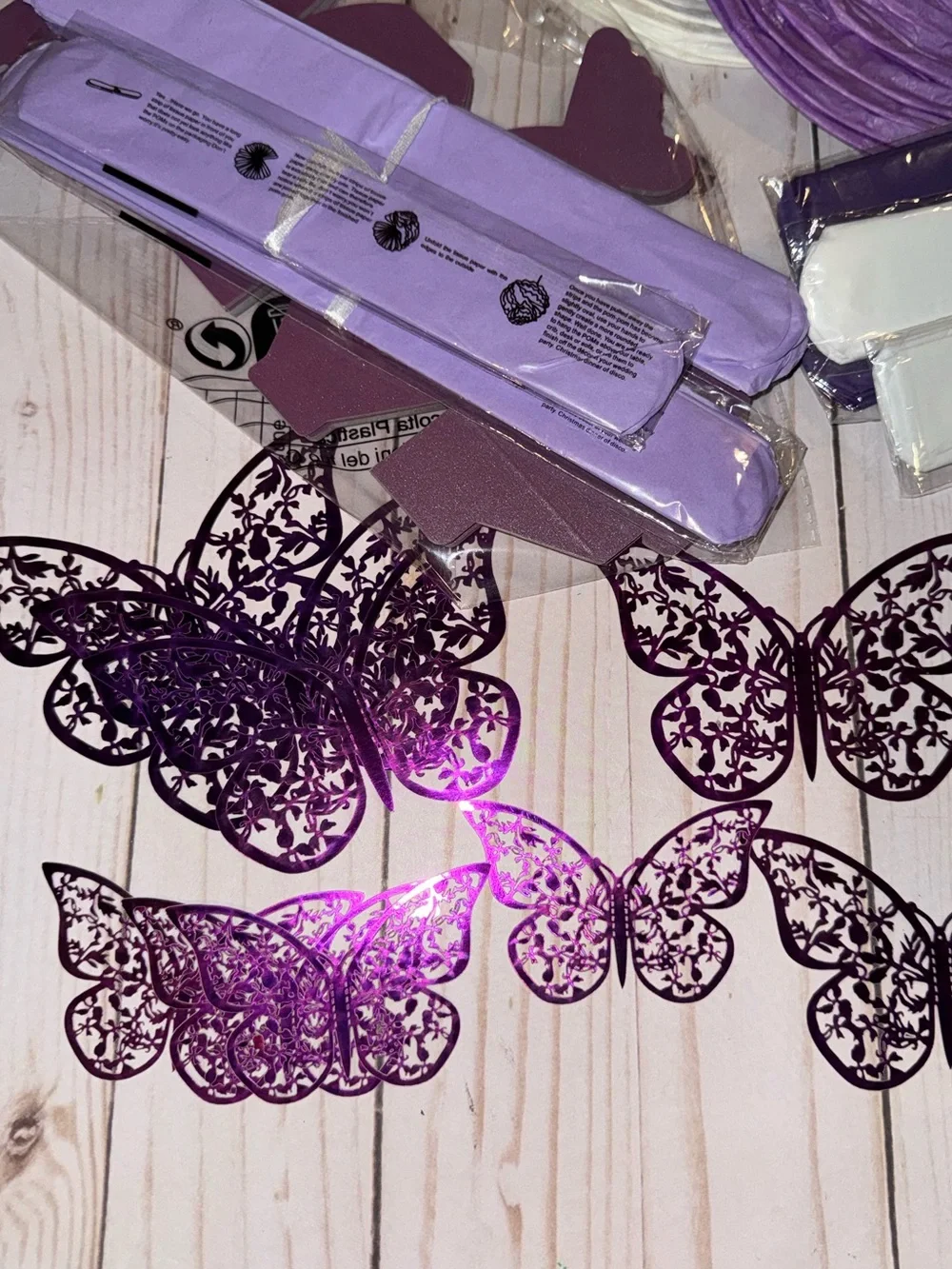 Purple and white party supplies